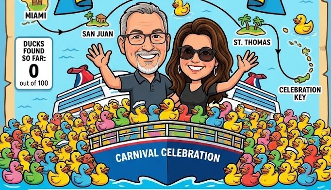 Cartoon Steve and Michelle waving from the Carnival Celebration, surrounded by hundreds of rubber ducks, with a map route from Miami to St. Thomas, San Juan and Celebration Key